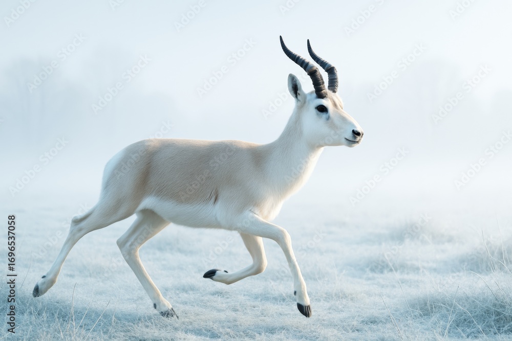Poster graceful antelope running through frosty grassland in soft morning light with misty background and s