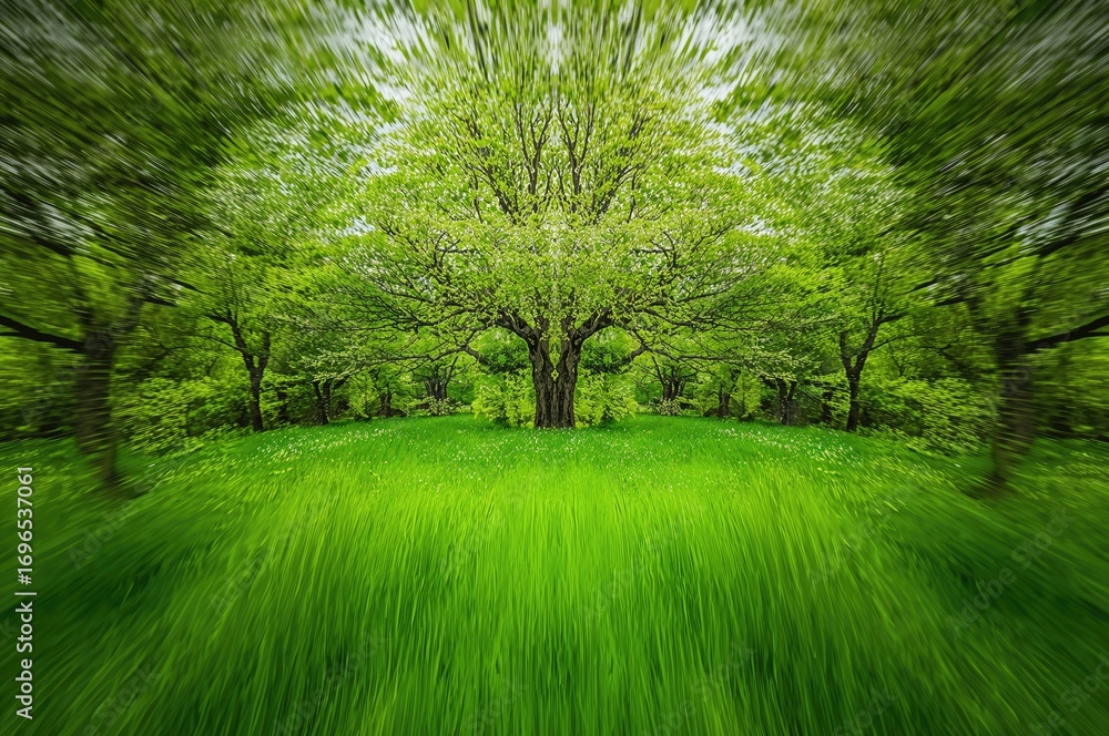 Poster the abstract artwork showcases a lively summer scene highlighted by a stunning tree surrounded by ri