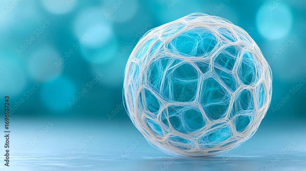 Poster glowing white spherical network structure with interconnected cells on turquoise bokeh background, r