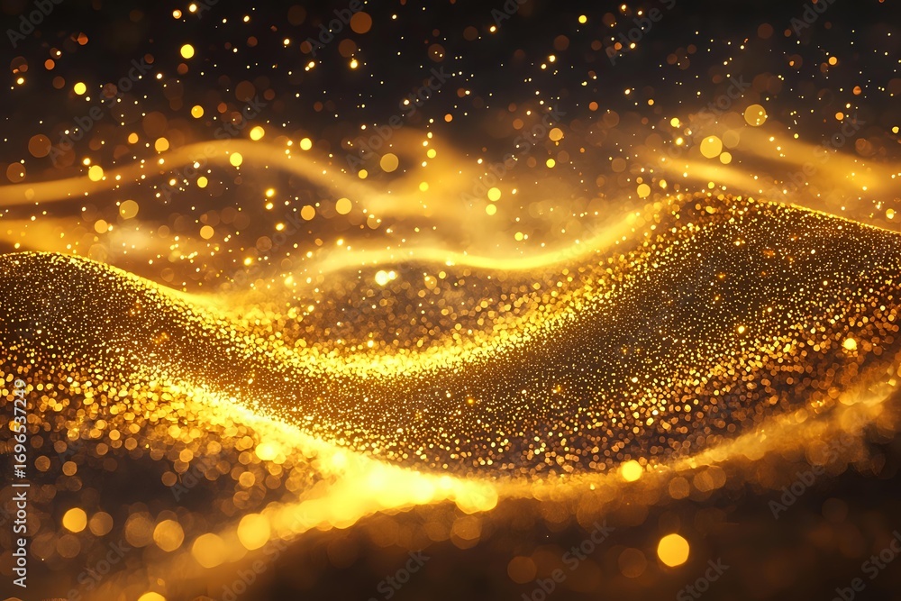Poster magical golden wave of glowing particles and bokeh lights flowing on dark background, creating luxur