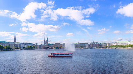 Hamburg, a beautiful boat trip on the Binnen-Alster with a view of the town hall and St. Nikolei