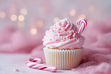 Pink candy cane cupcakes with sprinkles on a pink bokeh background