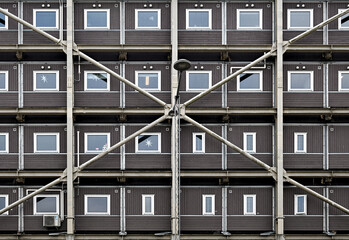 Stacks of construction site containers with steel struts at Slussen in Stockholm, Sweden