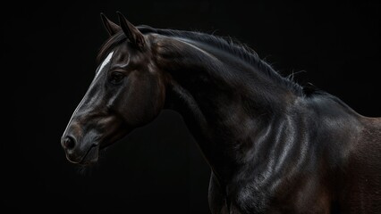 Fototapeta premium Close-up of a sleek black horse standing alone against a dark background.