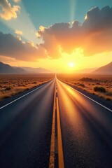 Endless asphalt ribbon vanishing into a hazy, sun-drenched horizon, promising adventure and open road freedom Perfect for travel, vacation, and wanderlust themes , sky, highway, journey