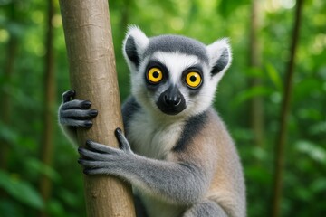 Fototapeta premium Ring-tailed lemur with vivid yellow eyes clinging to tree in lush green forest background, concept of curiosity and wildlife awareness. Ai generative