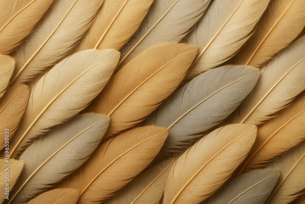 Poster abstract composition of soft golden and beige feathers arranged in a seamless pattern on a smooth ba