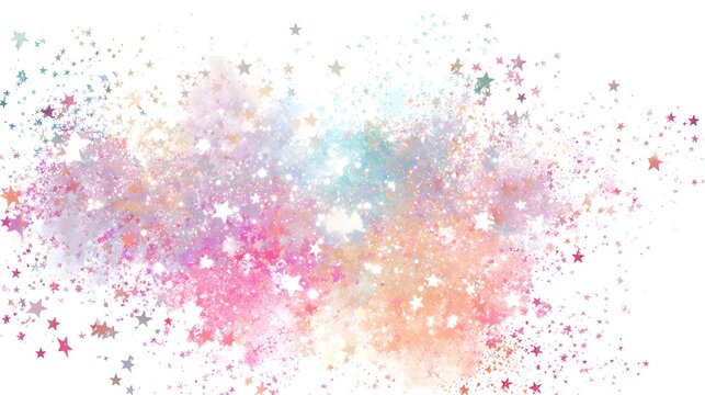 A vibrant explosion of pastel colors and glittering stars creates a dreamy, ethereal backdrop.