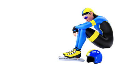 3d cartoon speed skater postrace reflection, quiet defeat, winter sports emotion, isolated on transparent background