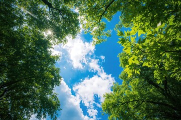 Gazing upwards at clear blue skies framed by lush green foliage on a bright sunny afternoon