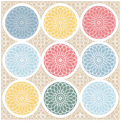 Colorful Floral Pattern With Circular Motifs on Beige Background