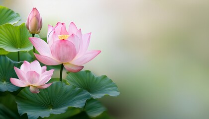 a delicate lotus flower displays its soft pink petals in the lower right corner surrounded by green leaves against a muted background symbolizing tranquility and beauty