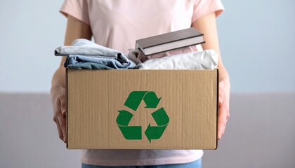 A woman holds a cardboard box filled with used clothes and books for donation, featuring a green recycling symbol for sustainable reuse