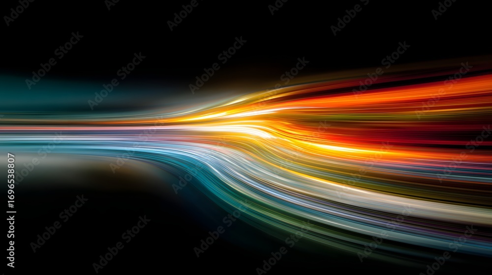 Poster a dynamic abstract image showcasing a vibrant array of streaks of light, curving elegantly across a 