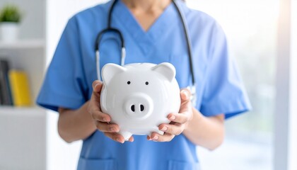 A healthcare professional holds a piggy bank, symbolizing financial planning for medical costs and savings