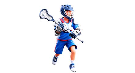 Fototapeta premium dynamic cartoon lacrosse player action pose, blue uniform, gripping stick, intense focus, 3d render, game day, isolated on transparent background