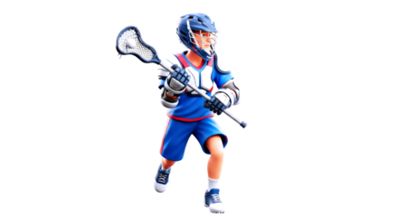 dynamic cartoon lacrosse player action pose, blue uniform, gripping stick, intense focus, 3d render, game day, isolated on transparent background