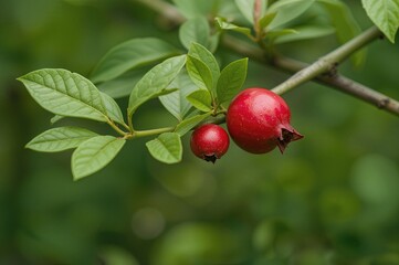 Tiny pomegranate hanging from a leafy stem.