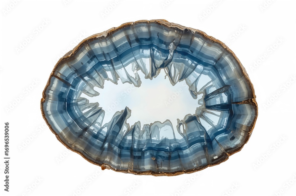 Poster stunning translucent blue and white agate slice with intricate crystal patterns on a white backdrop