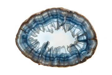 Stunning translucent blue and white agate slice with intricate crystal patterns on a white backdrop