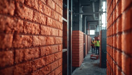 Rockwool insulation being placed between brick layers at a building site in daylight