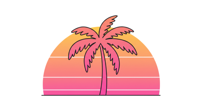 Retro tropical palm tree sunset beach vacation summer vibe aesthetic design illustration graphic art on transparent background