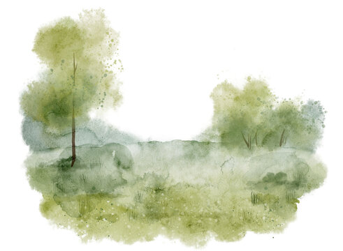 Watercolor Landscape with trees, meadow, and greenery. Illustration of summer field. Art of natural scene for background and seasonal decorations. Drawing of trees and forest for backdrops