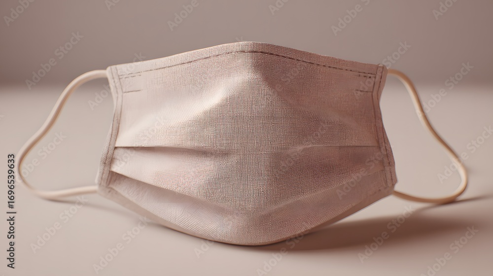 Poster a light beige fabric face mask with soft folds and simple design sits centrally on a plain backgroun