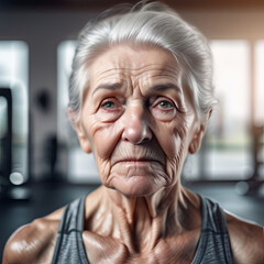 Portrait of elderly woman white hair and deep wrinkles in a gym, showing strength and resilience