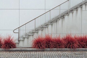 Stainless steel tubular handrail on a concrete staircase surrounded by cobblestone pavement and vibrant red shrubs with patches of dry grass in an urban square setting