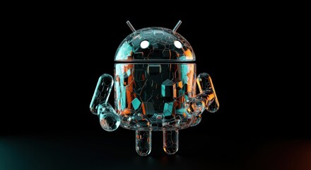 Futuristic Android Robot in Shattered Crystal with Vibrant Reflections