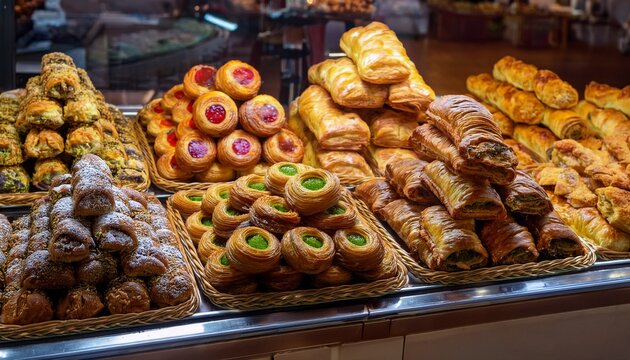 assorted turkish pastry products displayed at a bakery showcase featuring traditional turkish pastries like pogaca borek acma and ay coregi highlighting the rich turkish pastry culture