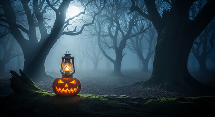 Misty Haunted Forest with Lantern and Glowing Pumpkin