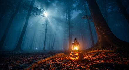Misty Haunted Forest with Lantern and Glowing Pumpkin