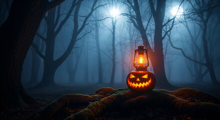 Misty Haunted Forest with Lantern and Glowing Pumpkin