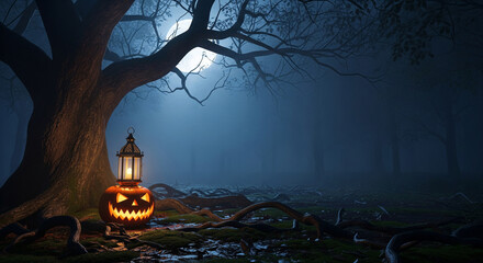 Misty Haunted Forest with Lantern and Glowing Pumpkin
