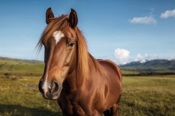 Charming equine roaming a frosty pasture
