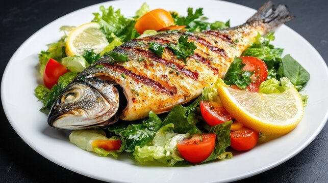 Grilled fish with salad lemon and tomatoes