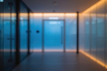 Contemporary office lobby with a blue backdrop and glowing orange highlights, perfect for promotional graphics and banner layouts.