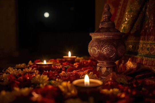 Oil lamps and strainer used during the Karwa Chauth night rituals