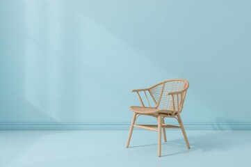 A simple wooden chair showcased in a modern living space with a soft blue backdrop.