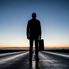 Man with suitcase standing on wet road at dusk