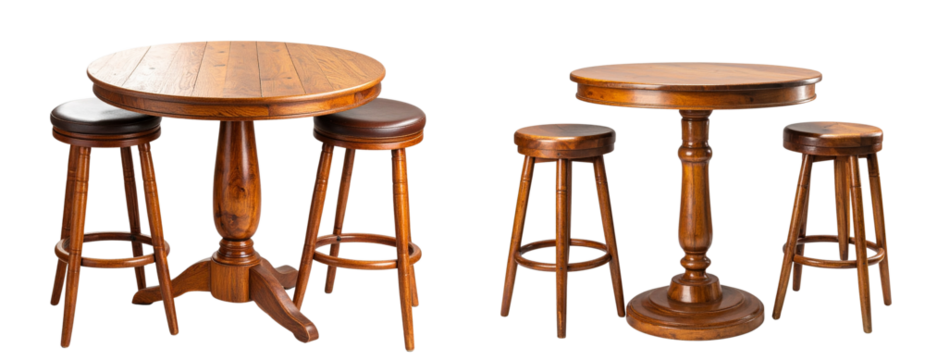Round Wooden Pub Table with Two High Bar Stools, Classic Design, Isolated on Transparent Background