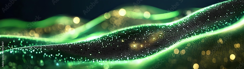 Poster abstract green glowing waves with sparkles and bokeh lights on dark background, flowing energy strea