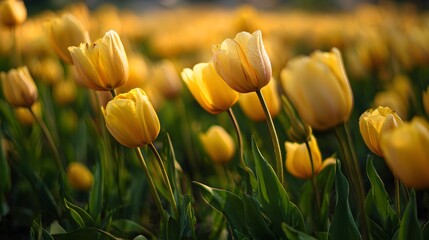 Obraz premium A field of radiant yellow tulips bathed in the golden sunlight, showcasing delicate petals and vibrant green foliage.