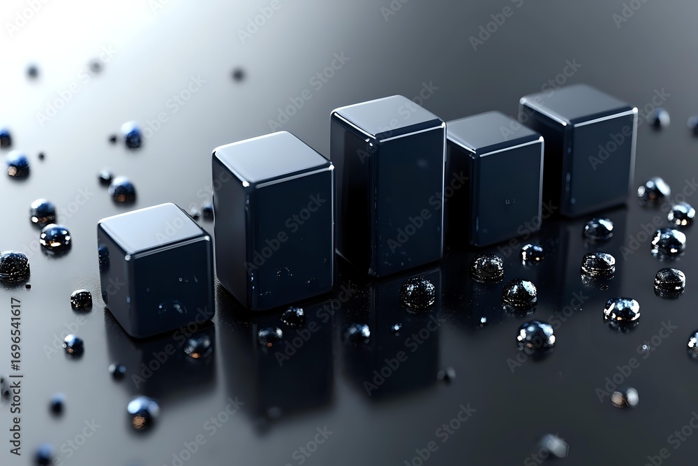 Aufkleber Black glossy cubes arranged in ascending order on reflective dark surface with scattered small crystal elements creating luxury composition.