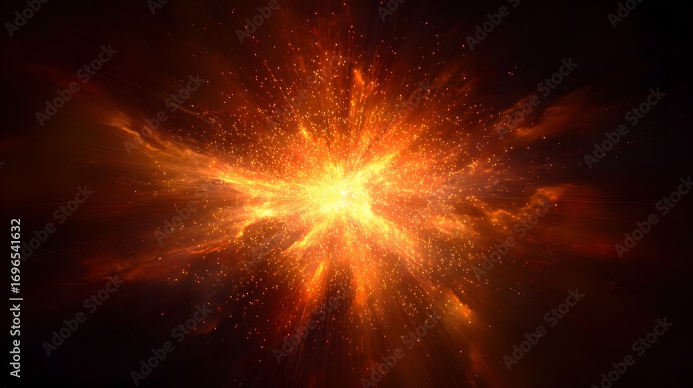 Poster a vibrant explosion of fiery particles radiates outward against a dark background, creating a dynami
