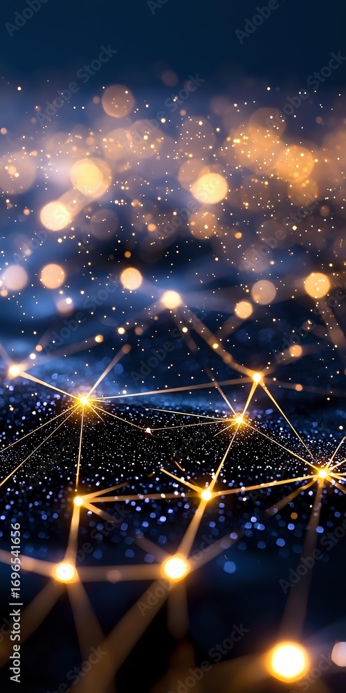 Poster glowing network connections with golden light points and bokeh effect on dark blue background, abstr