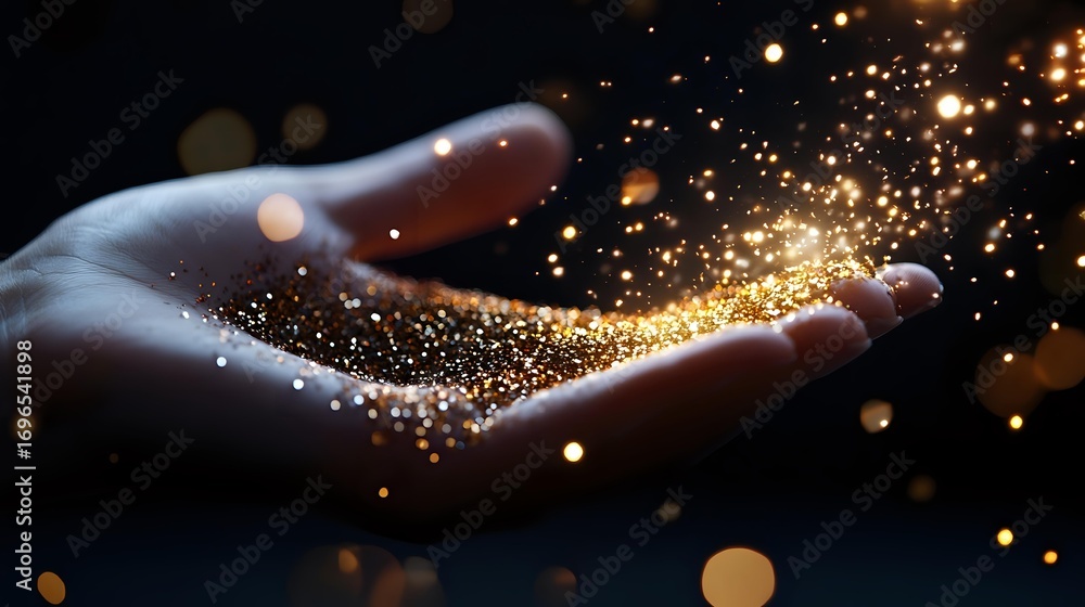 Poster magical glowing golden sparkles and light particles floating above an open palm against dark backgro