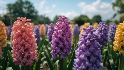 Obraz premium A vibrant display of hyacinth flowers thriving in a colorful garden setting. Close-up nature photography showcasing a stunning floral scene outdoors.